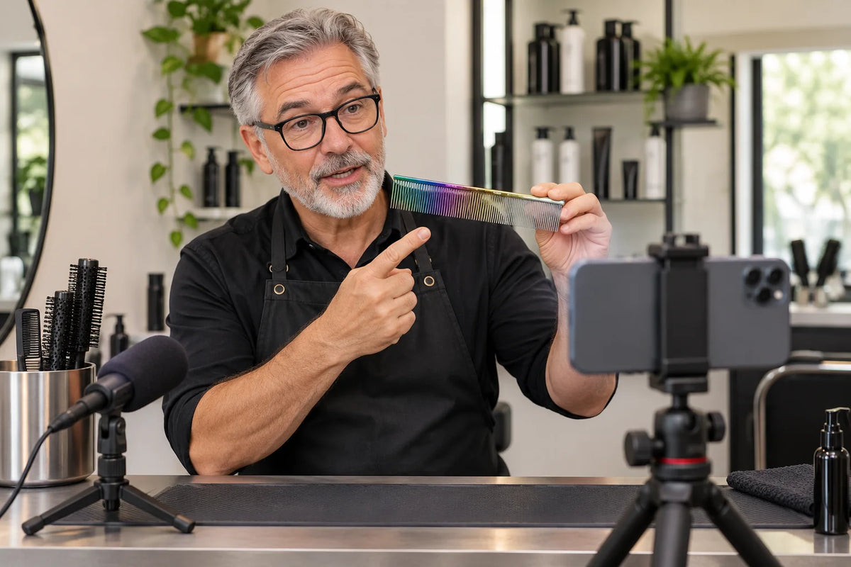Illustrative grooming educator explaining a VUNRO rainbow comb while a landscape phone records the presenter and actual tool.