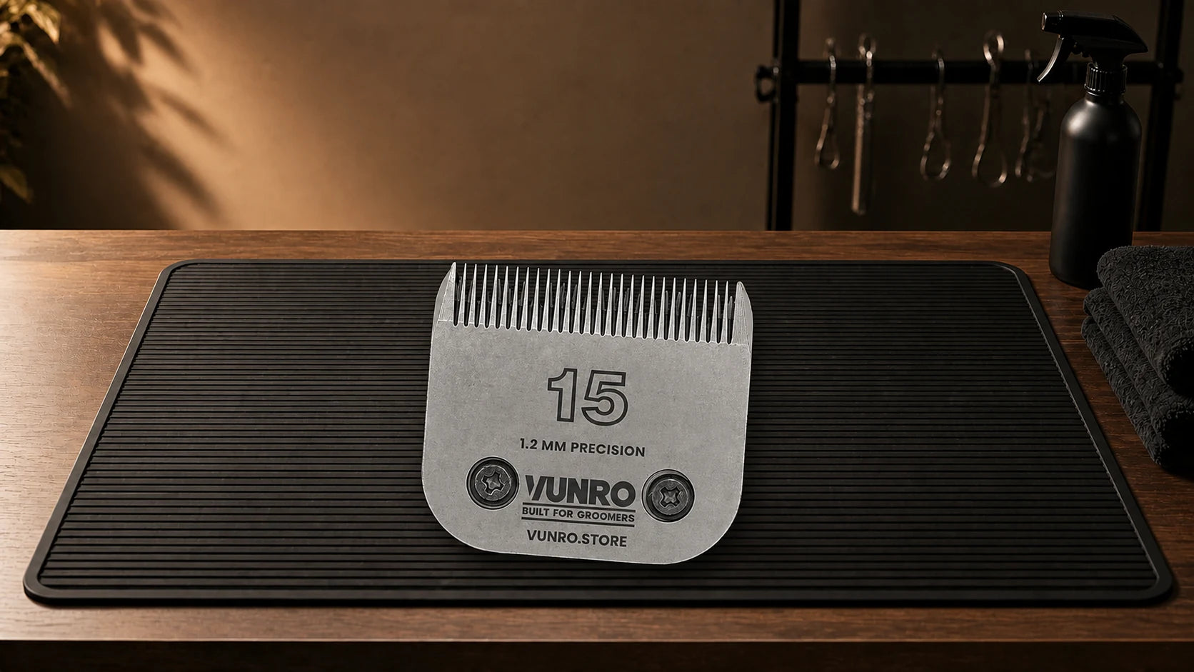 #15 Dog Clipper Blade (1.2 mm) resting naturally on the VUNRO grooming workbench