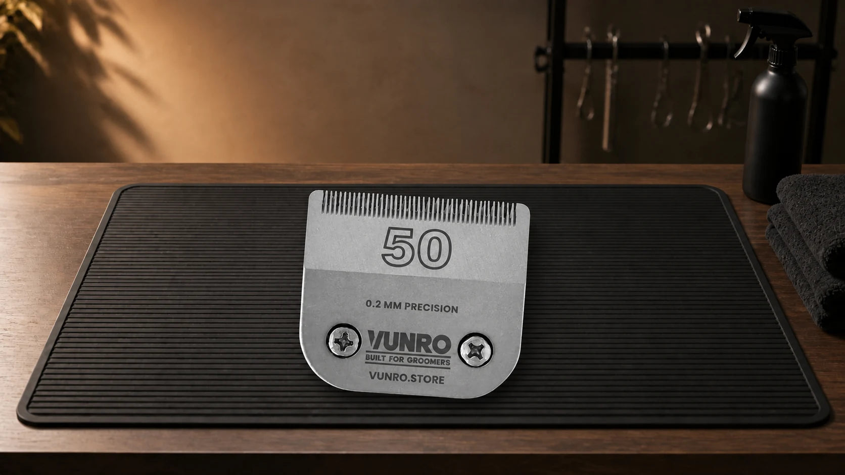 #50 Dog Clipper Blade (0.2 mm) resting naturally on the VUNRO grooming workbench